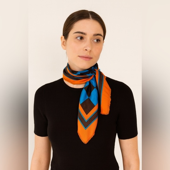 Yves Saint Laurent Accessories - Yves Saint Laurent Silk Raw Hem 
26” x 26”
Color Orange Blue Brown